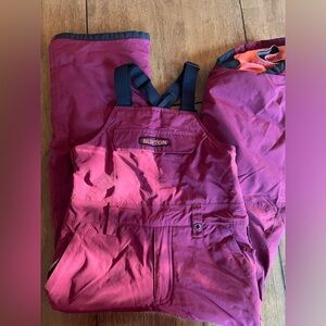 Girls maroon w pink liner Burton ski bibs, size small.